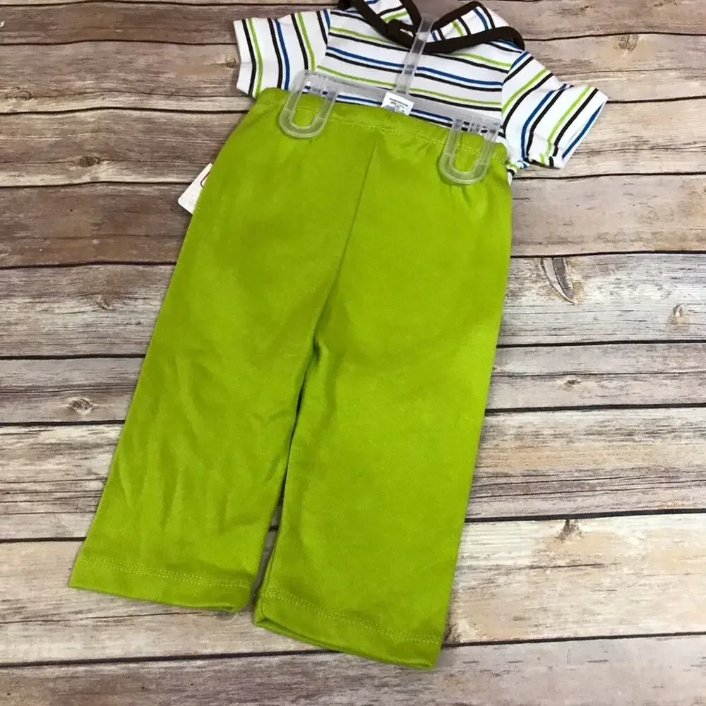 Swiggles Boys Outfit Size 6-9 Mo Monkey 3‎ Piece Set Bib Green Blue Brown NEW